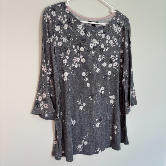 SIMPLY VERA VERA WANG Tunic Womens L 3/4 Bell Slv Floral Gray Stretch Soft - Picture 1 of 7